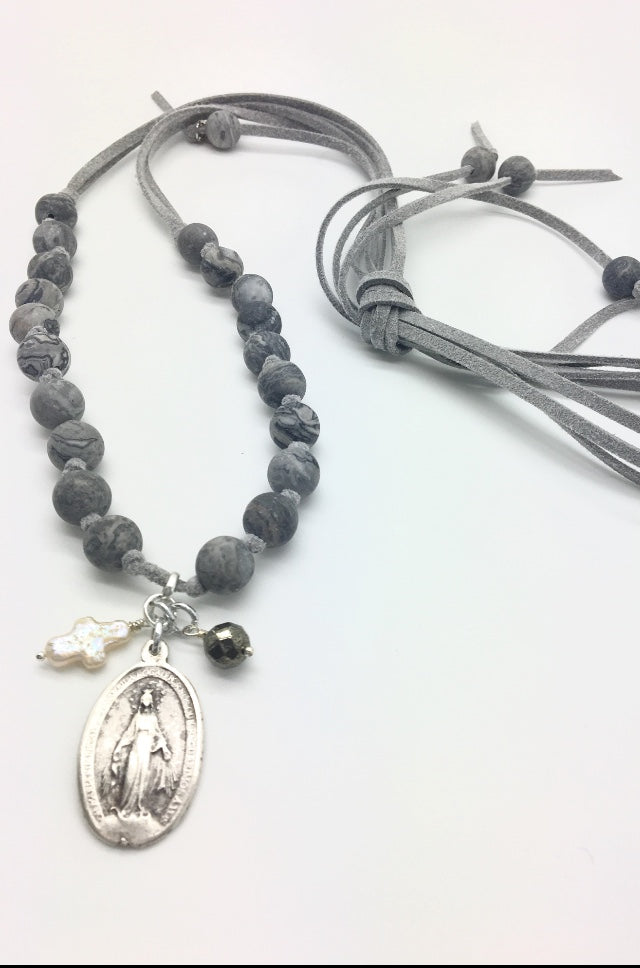 SOLD OUT - Sage Necklace (Grey) w/ Miraculous Mary Charm