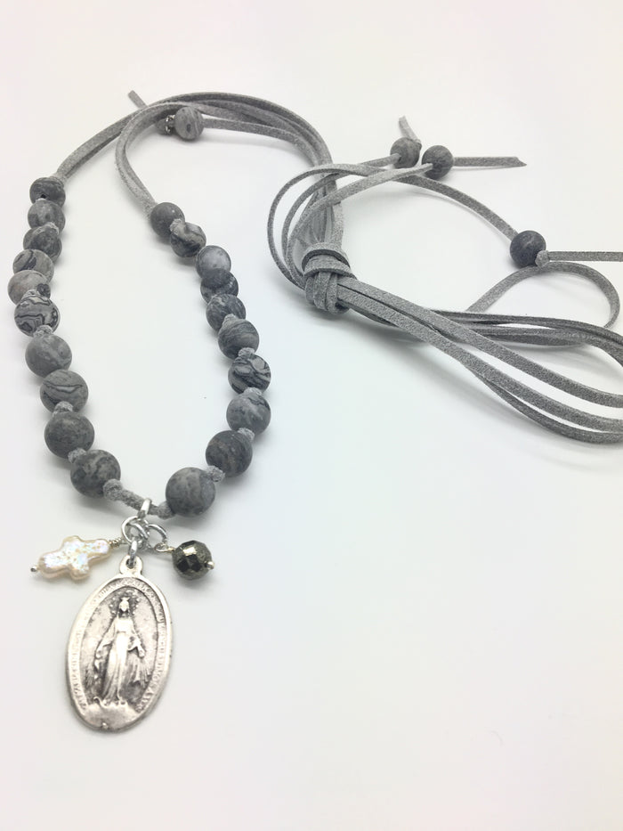 SOLD OUT - Sage Necklace (Grey) w/ Miraculous Mary Charm